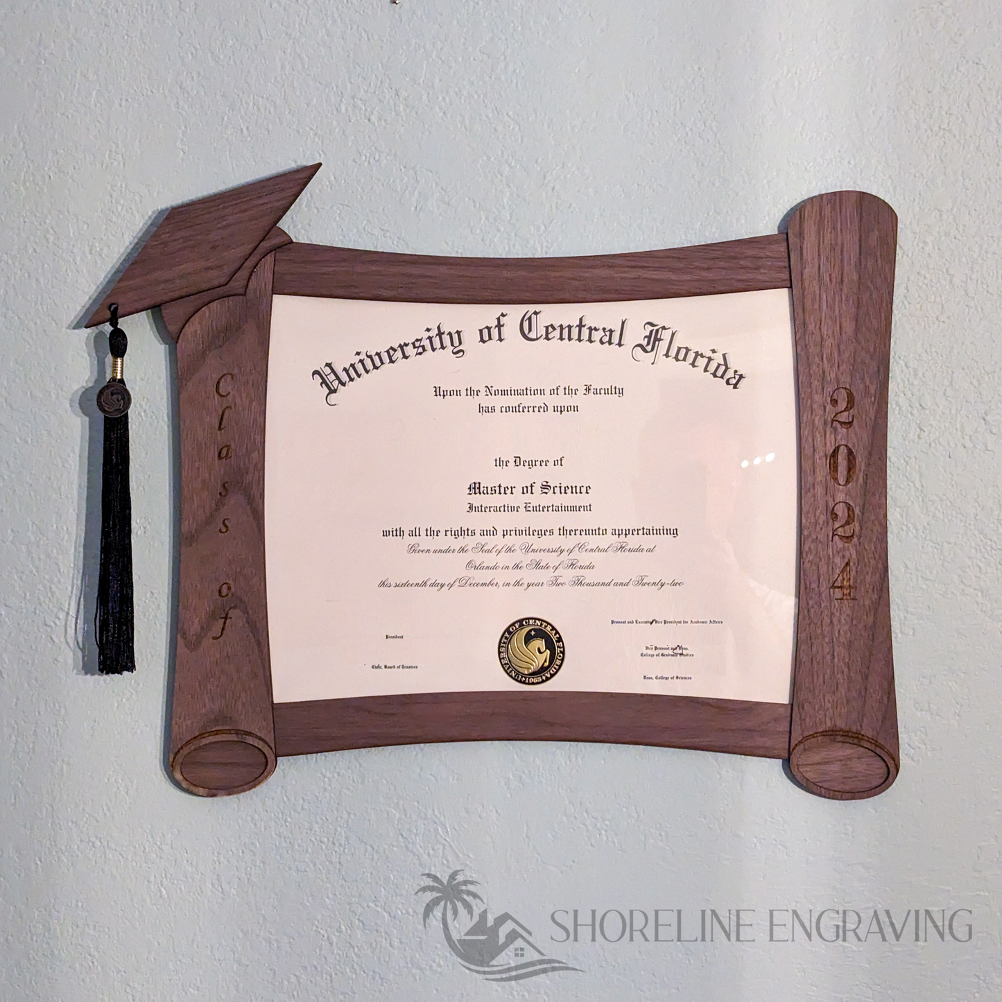 Unique Diploma Frame - Open scroll with cap tassel hanger