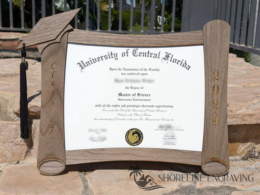 Unique Diploma Frame - Open scroll with cap tassel hanger