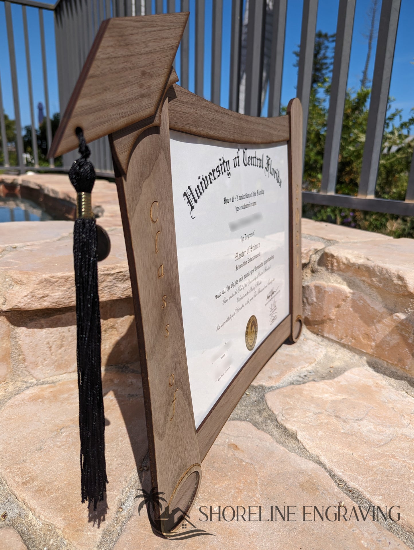 Unique Diploma Frame - Open scroll with cap tassel hanger